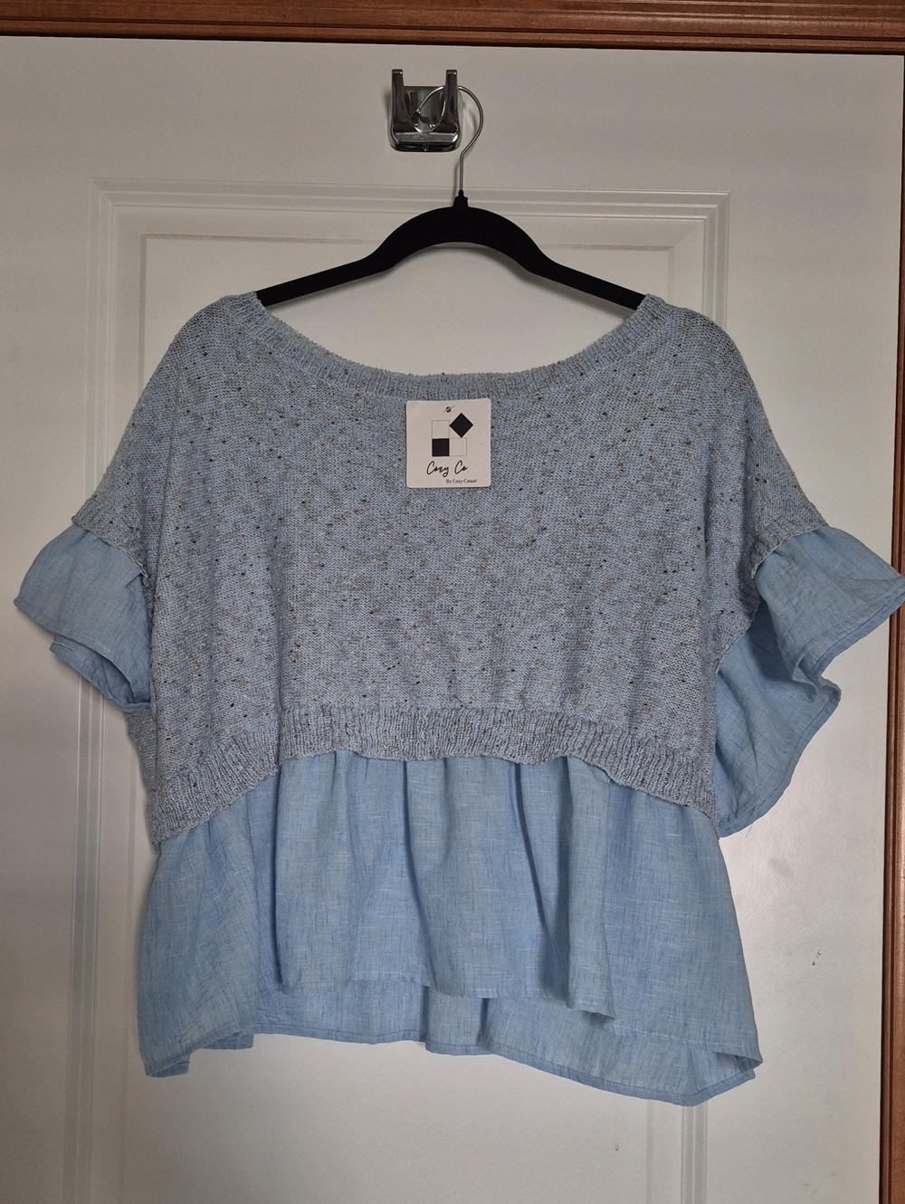 Cozy Co(Casual) Light Blue Layered Knit & Woven Tunic
